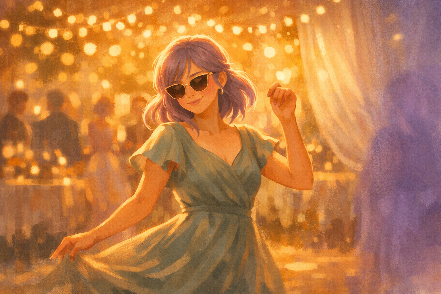 Mi dancing at a wedding reception, wearing sunglasses, tired but smiling — a sparkling moment of reclaimed identity
